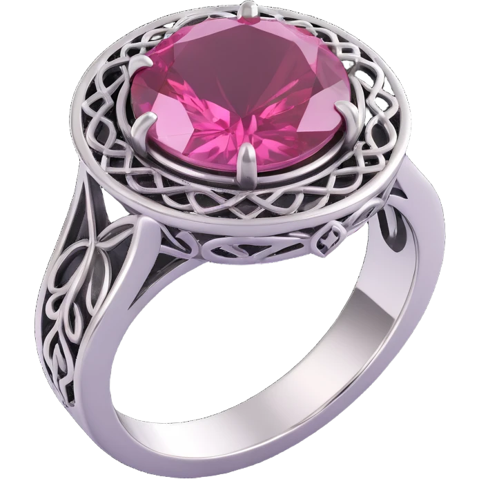 realistic 3D gothic ring with silver and pink gemstone, minimal and elegant emoji