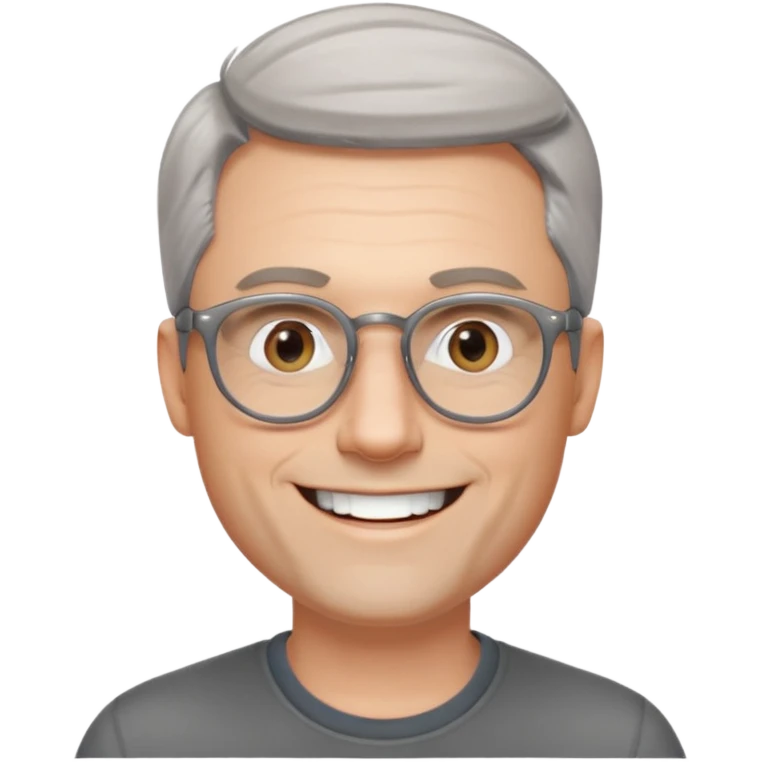 40 yr old pale white man, grey side swept hair, round glasses, big smile, white teeth, handsome emoji