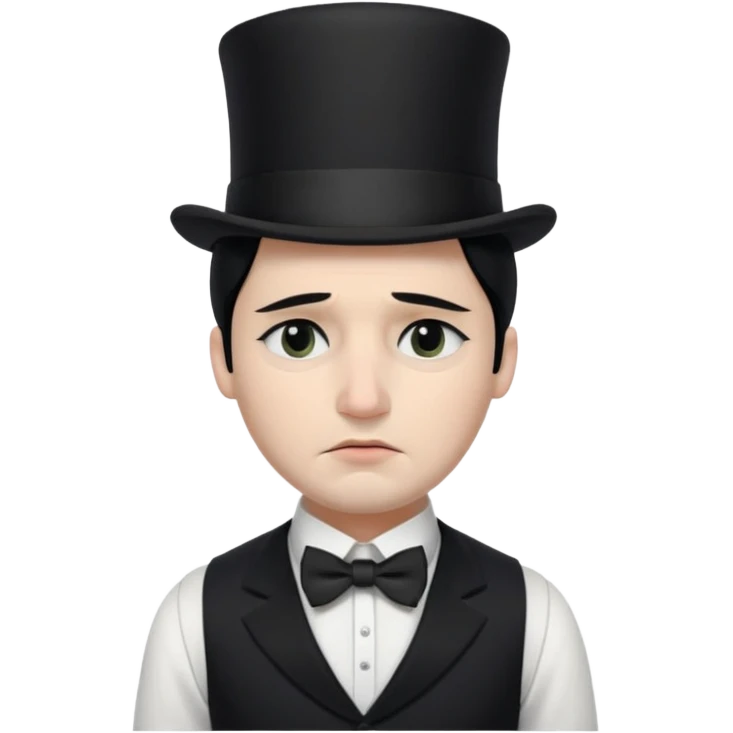 A man with snow white skin, a black half mask with an eye hole, a black top hat, a black vest with a black tie tucked underneath, and a white collared shirt. A frown, and closed eyes. emoji