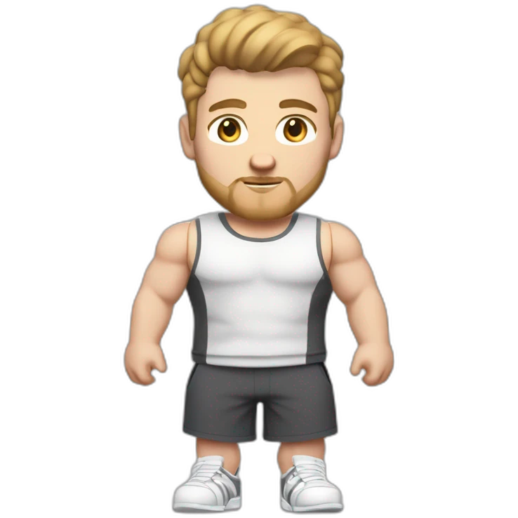 Full height Pale skinned fit man With biceps, Realistic eyes and mouth, light brown hair and stubble In dark gray sleeveless mike, black oversize sports shorts, watch and white sneakers. emoji