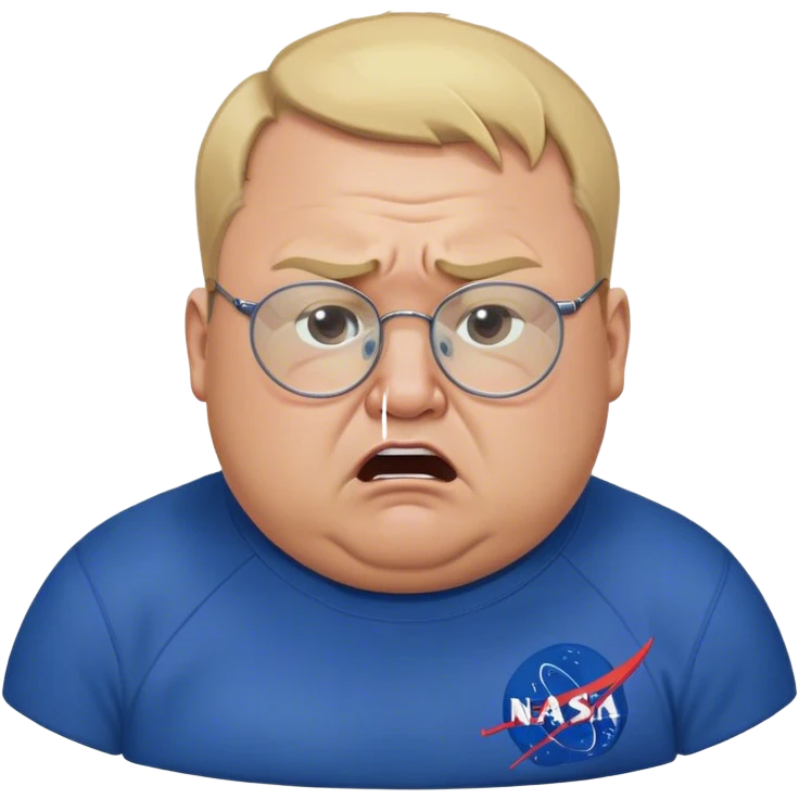 angry fat man, crying like a kid,  blond short and hight receding hairline, wearing a dark blue sweatshirt, nasa logo on the sweatshirt, round glasses without frame, 40 years old emoji
