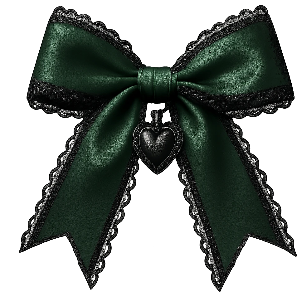 green gothic bow with black lace trim and heart charm, remove background emoji