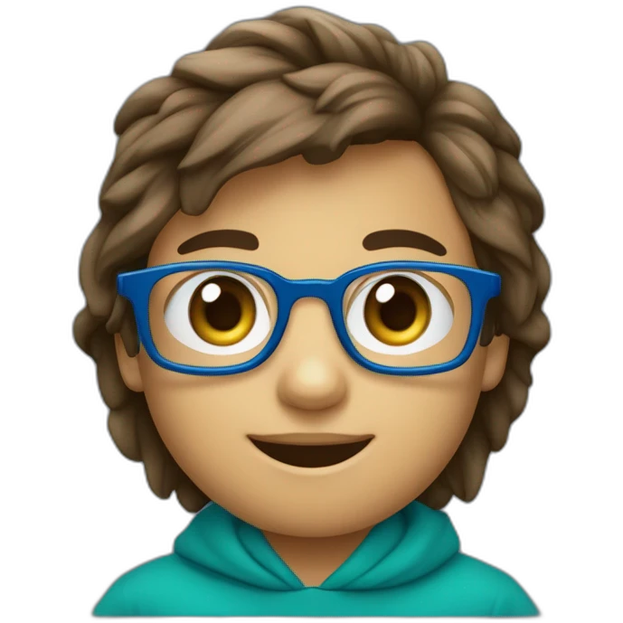 niño 11 años alto delgado con gafas rectangulares azules nariz pequeña sudadera azul, ojos verdes, pelo castaño un poco largo emoji