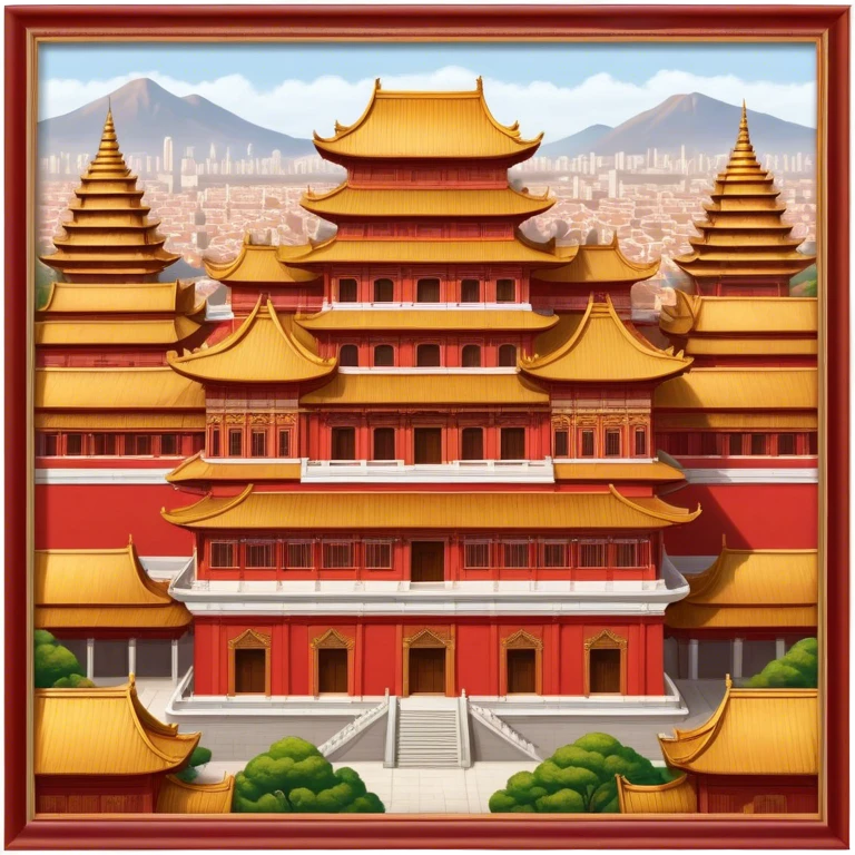 Cinematic Realistic Forbidden City Landmark Emoji, depicting grand imperial architecture with golden rooftops, vast courtyards, and intricate wooden carvings, all surrounded by towering red walls. emoji