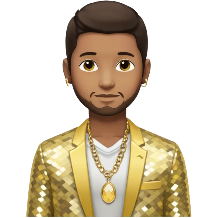 Usher with dark brown hair, pale yellow sequin jacket, shirtless with necklace  emoji