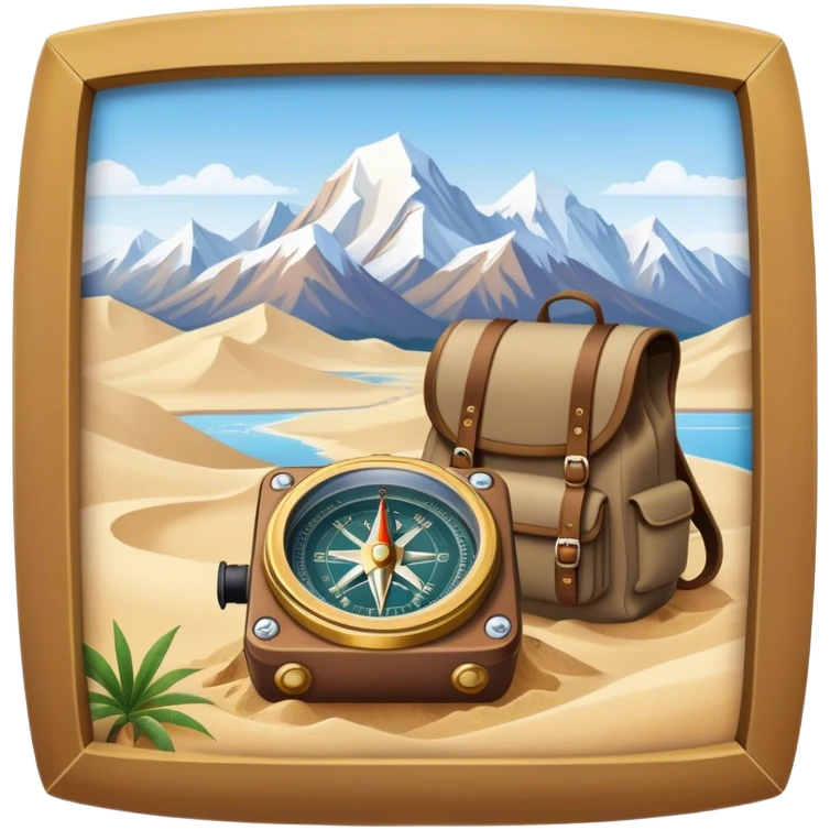 Icon for Expeditions: a compass, a map, a backpack and a rugged expedition jeep, set against a backdrop of snowy mountains, sand dunes and tropical islands. The icon should capture the spirit of adventure and exploration in diverse landscapes. Transparent background. emoji