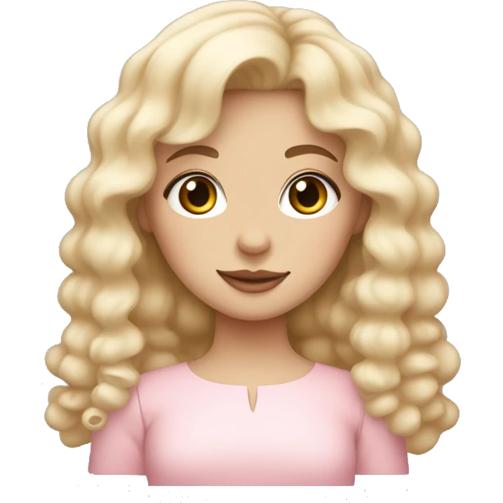 pale girl with bangs and long blonde curly hair and a pastel pink puff sleeve dress emoji