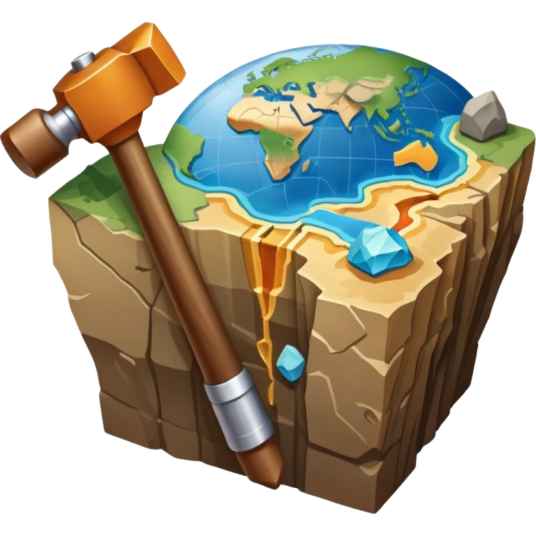 An icon featuring a rock hammer, a geological map, and layers of Earth’s crust, symbolizing geology. The design includes mineral samples, fossils, and tectonic plates, representing the study of Earth’s structure and natural processes. Transparent background highlights geological exploration emoji