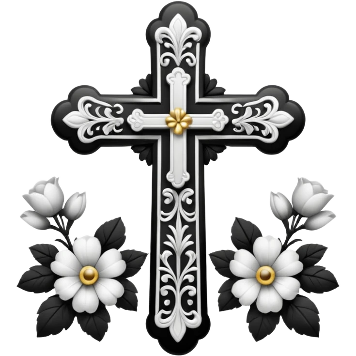 a black and white detailed cross with black and white flowers over the top emoji