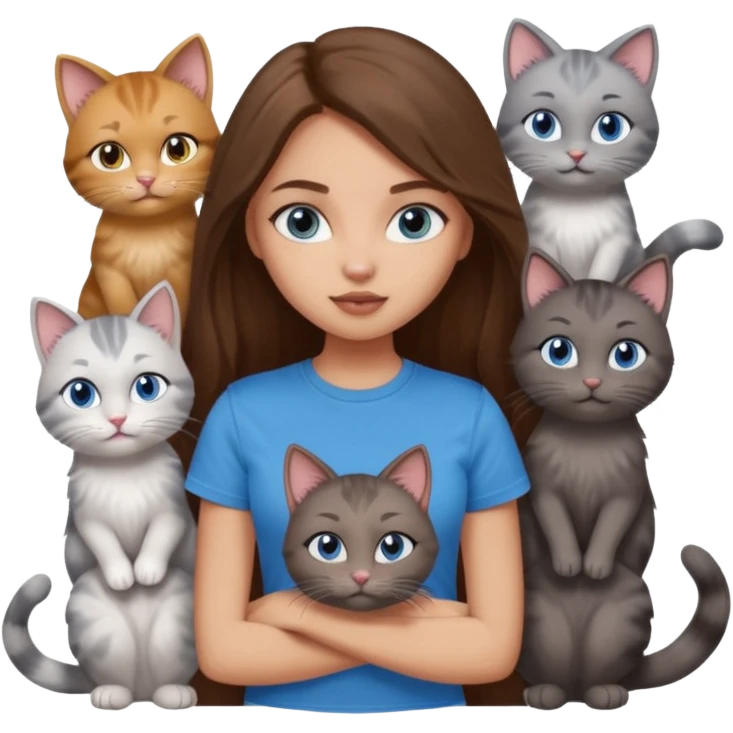 a pretty bratz dusky light skin girl with long brown hair, blue eyes with six cats nd wearing a grey tshirt emoji