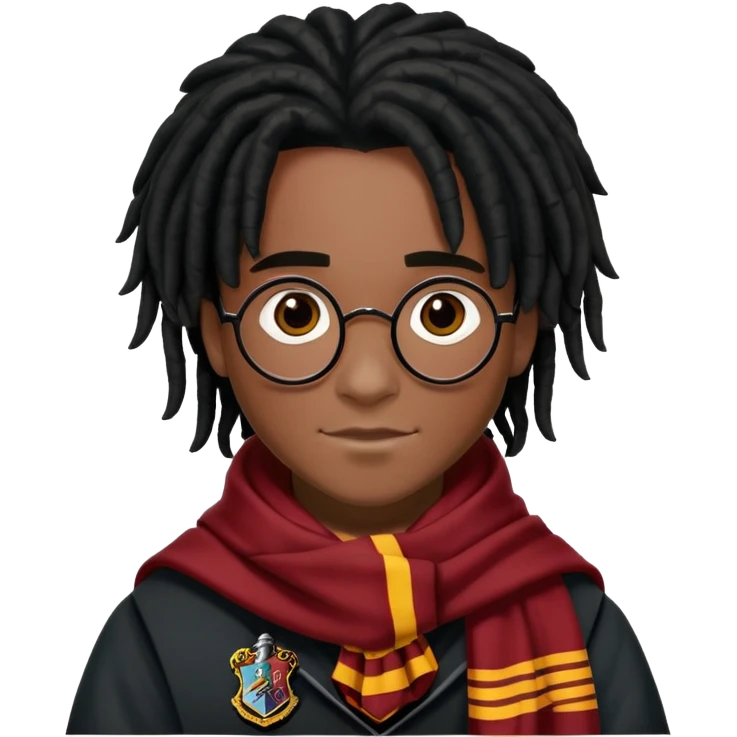 Luke Youngblood is Lee Jordan in harry potter, wear hogwarts uniform, dreadlocks black  hair, black skin,  gryfindor scarf around neck emoji
