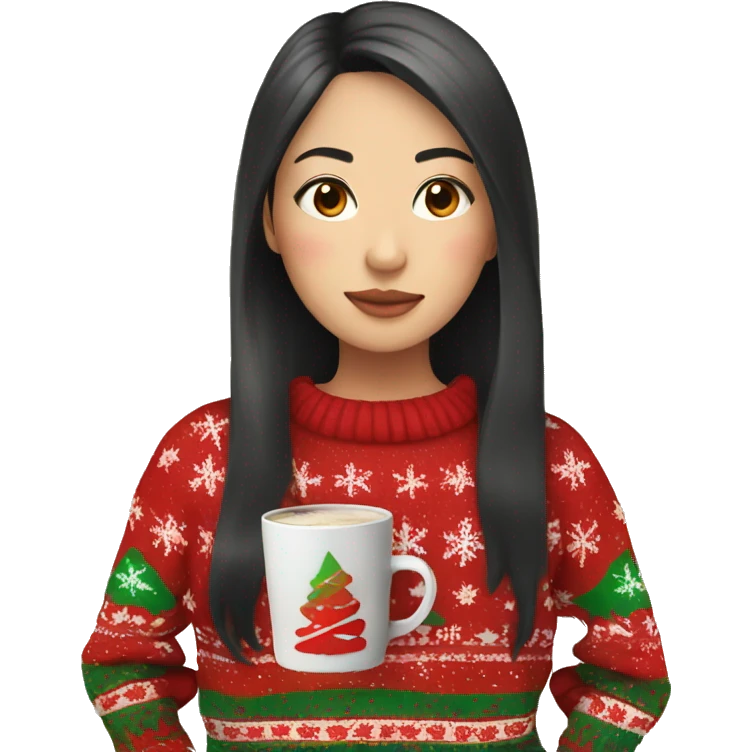 asian girl drinking coffee wearing Christmas sweater emoji