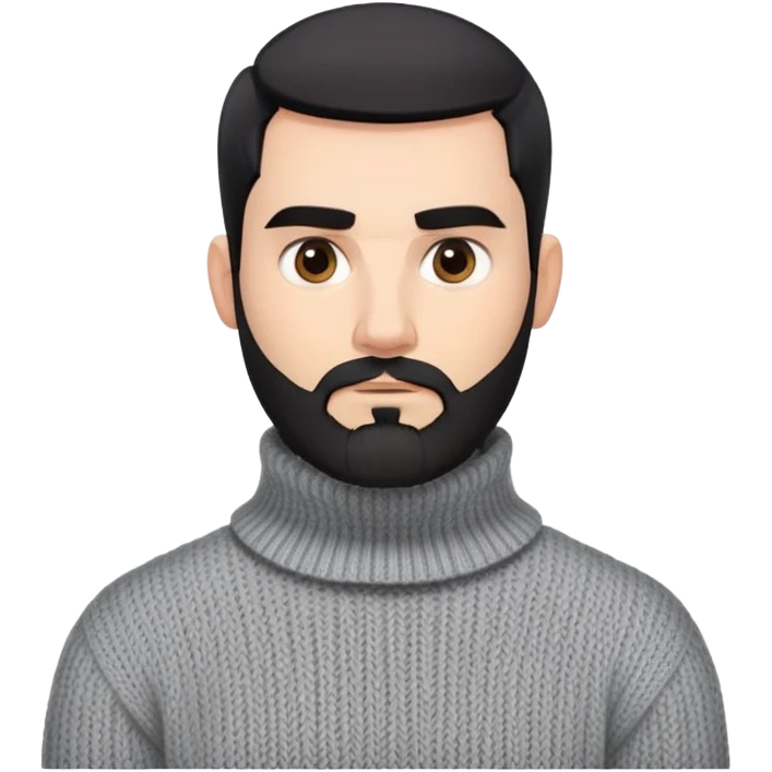 Man with angular square face, neatly trimmed full beard, thick dark eyebrows, short black hair styled back. Serious expression. Wearing a chunky knit light gray sweater with folded turtleneck collar. emoji