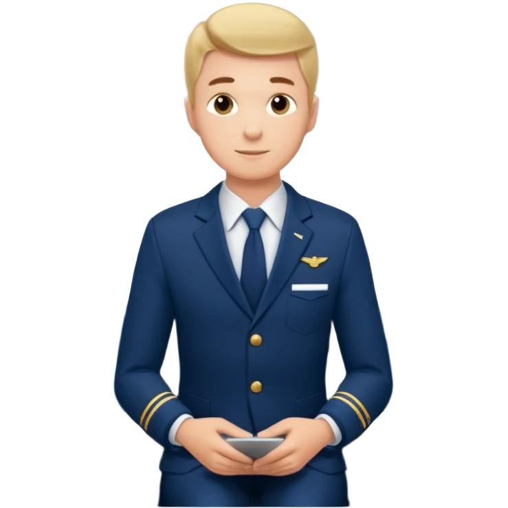 A  male courteous flight attendant checking seat rows with a polite, attentive posture. emoji