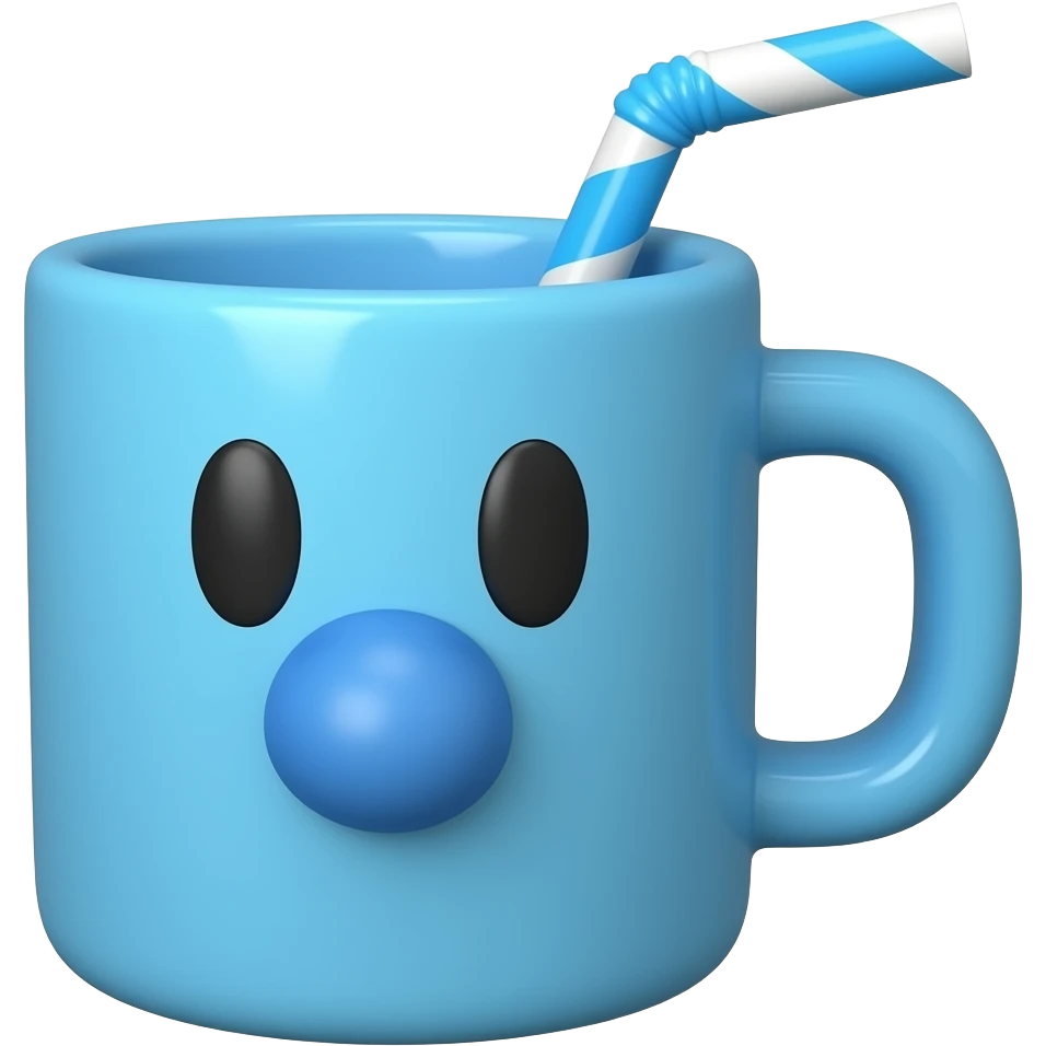 3D emoji kupa fincan, mavisi renk, büyük yuvarlak mavi burun, fincanın içinde mavi-beyaz düz pipet, parlak porselen dokusu, beyaz arka plan, yükse emoji