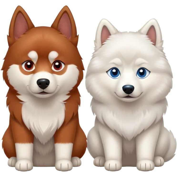 two dogs sitting side by side: a red siberian husky with blue eyes, and a white samoyed with brown eyes emoji