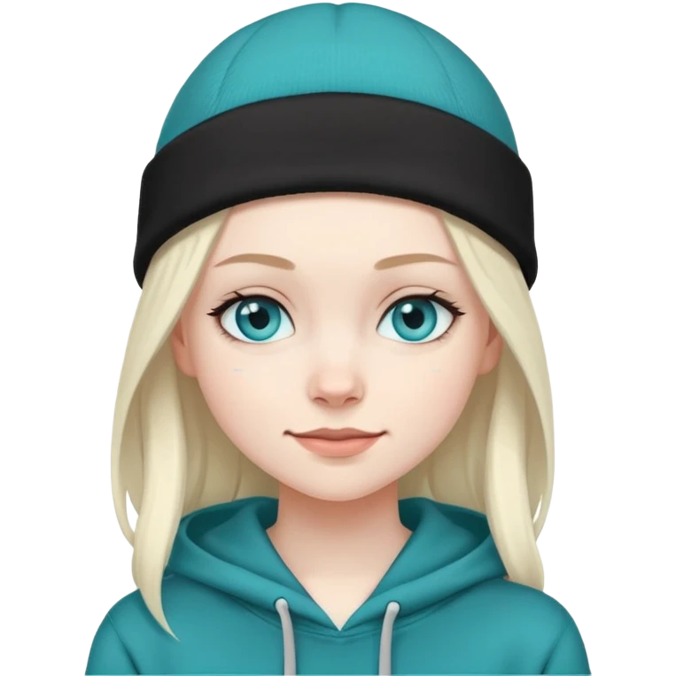 girl with a black beanie on and a teal hoodie. she has blue eyes, no hair and is smirking emoji