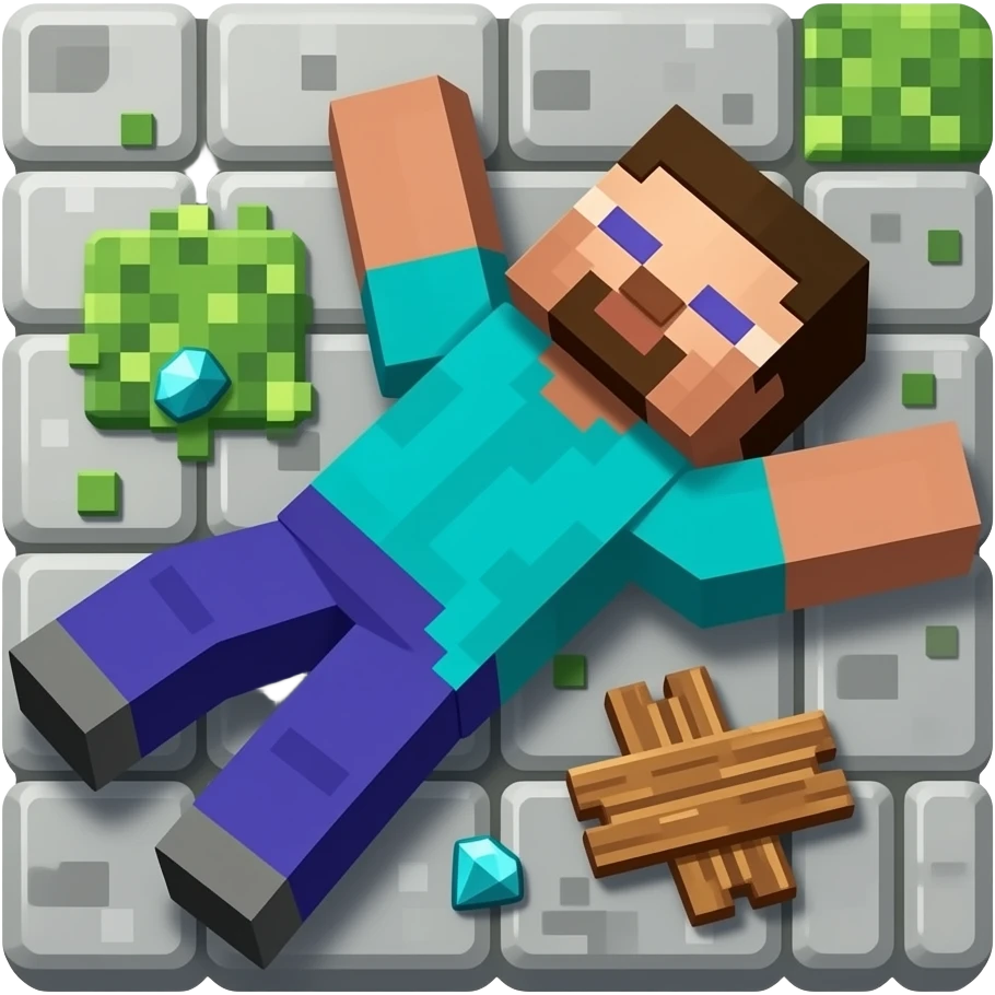 Minecraft Steve dead on the sidewalk with his eyes closed, surrounded by Minecraft drops emoji