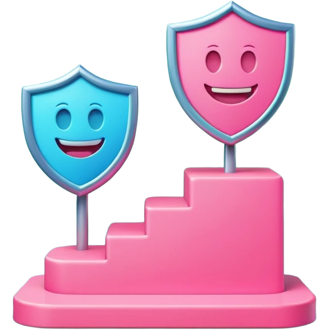 Minimalist 3D emoji-style podium with 2 steps on a green chroma key background. Step 1 (higher) features a handshake icon with blue neon glow. Step 2 (lower) features a smiling tooth with a shield icon and pink neon glow. Clean rendering, soft colors, uniform lighting. emoji