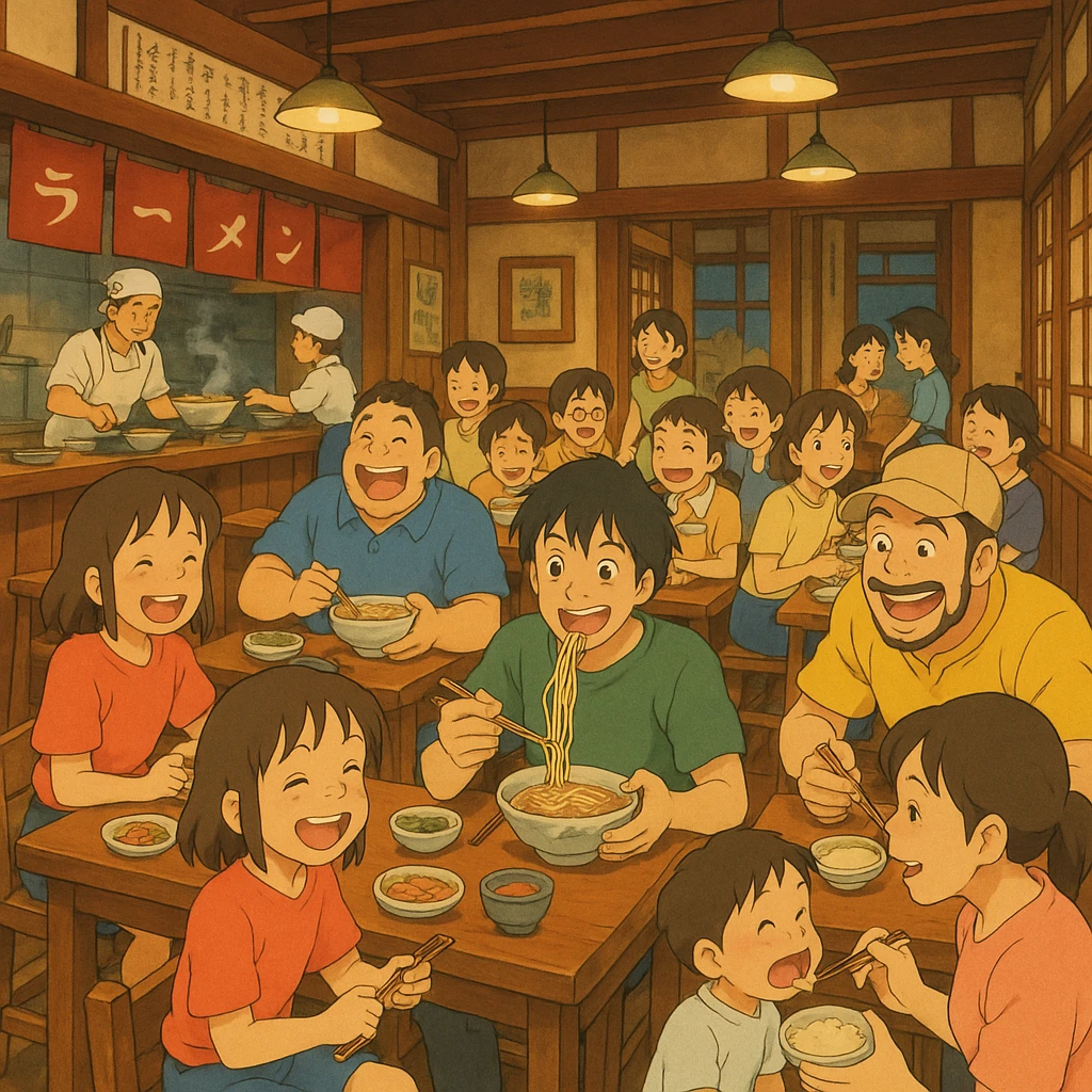 bustling anime restaurant scene with many cheerful customers, dynamic composition, Studio Ghibli style emoji