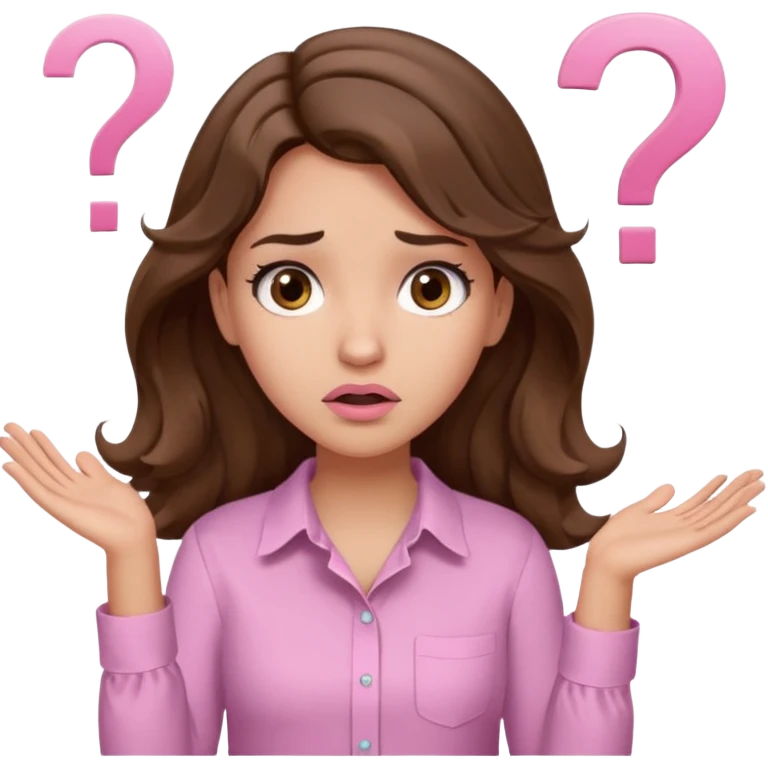 girl with wavy long brown hair, brown eyes, light to medium complexion, long lashes, light pink lipstick, wearing light pink shirt, shrugging with both hands, confused, question mark emoji