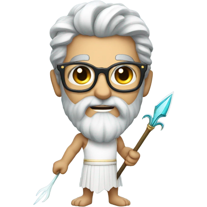 Poseidon with Trident and glasses. white dress. smile . eye blink emoji