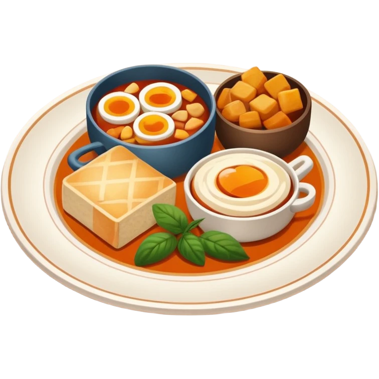 Homemade dishes on a plate, warm cozy colors, simple shapes, flat design, high contrast, friendly and inviting. emoji