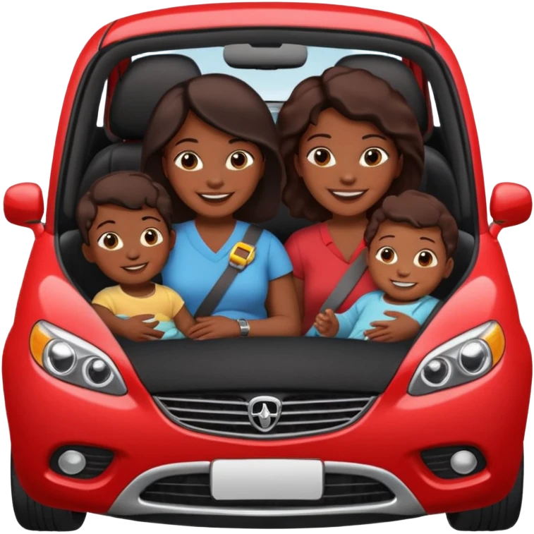 Dark Skin mom with two children, one young boy and a baby girl in a car red emoji