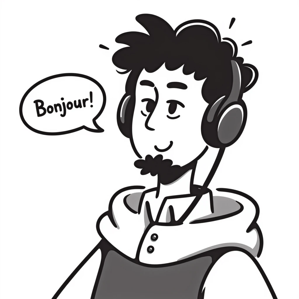 Highly detailed anime-style male character saying "Bonjour!", with styled black hair, expressive brown eyes, defined black beard, wearing detailed gaming headphones, anime art style with line work emoji
