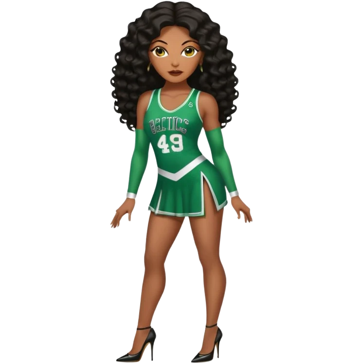 A 45-year-old black woman with brown eyes, long body wave black brown baylaige hair dressed in sexy 
celtics jersey costume outfit and stilettos  emoji