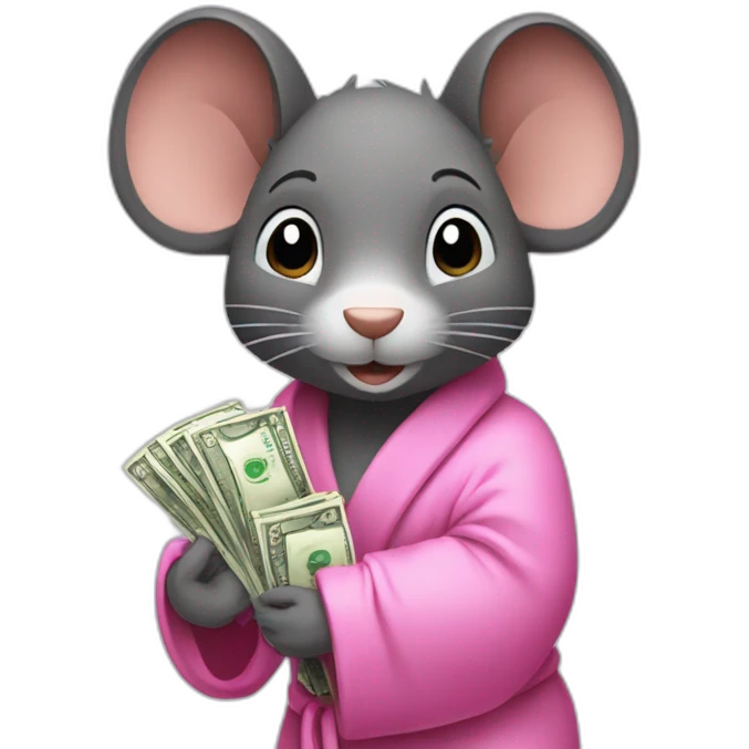 a rat female with a pink bathrobe and black hairs, holding a bunch of money emoji