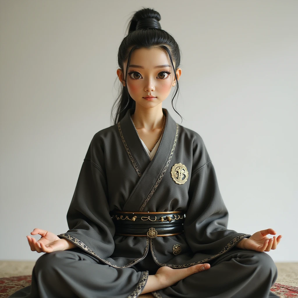 realistic AI chatbot with a meditative, disciplined presence, blending samurai and Buddhist philosophy with modern aesthetics, calm focused eyes, contemporary clothing with subtle traditional motifs, peaceful background, aura of wisdom and self-mastery emoji