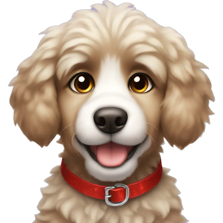 Super fluffy puppy with big brown sparkly eyes and a red collar emoji