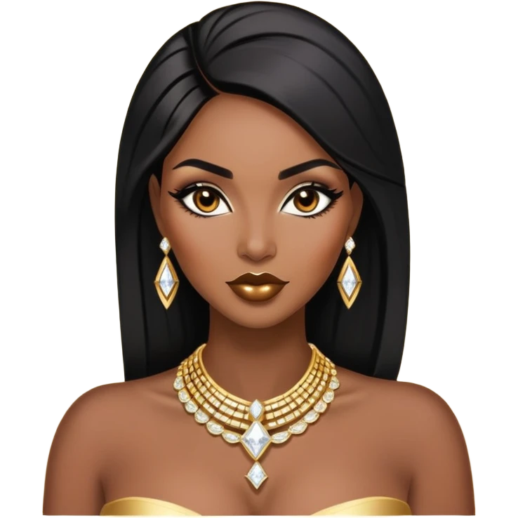 exotic African American woman with dark brown skin, straight black hair, glamorous makeup, gold jewelry, diamonds, curvy and confident, stylish and sexy emoji