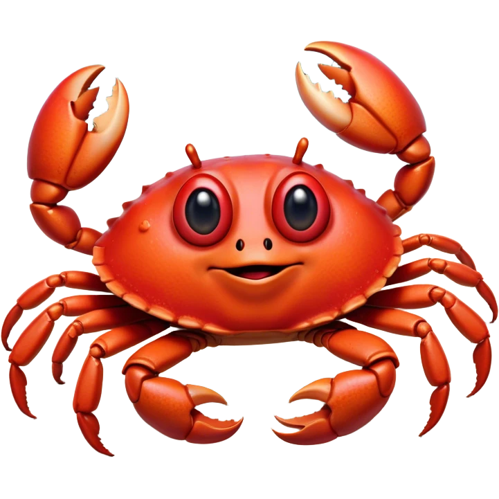 Cinematic Realistic Comical Crab Portrait Emoji, Head tilted dramatically with an exaggeratedly amused expression, featuring a striking, glossy red shell with bold natural textures and a whimsically formed face with wide, expressive eyes full of playful disbelief, rendered with lifelike detail and vibrant coastal hues, high shine, dramatic yet playful, styled with an air of cheeky seaside mischief, soft glowing outline, capturing the essence of a spirited and over‐the‐top crab that looks ready to pinch its way into viral fame! emoji