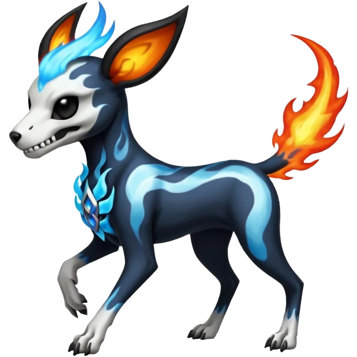Skull-faced skeletal elegant pretty handsome Fiery black and white blue flames solarpunky elemental colorful hot will-o-wispy Houndoom-Torracat-Genesect-Pokémon-Fakémon-hybrid-creature emoji