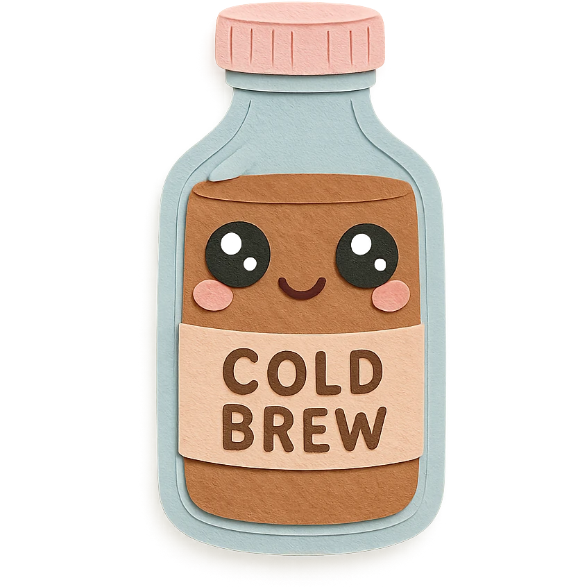 kawaii glass cold brew bottle, full body, big sparkling eyes, soft pastel colors emoji