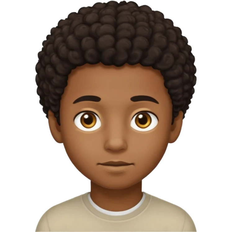 This avatar of black boy has lightly curly dark hair styled upward, a rounded face with golden-brown eyes, and a neutral expression emoji