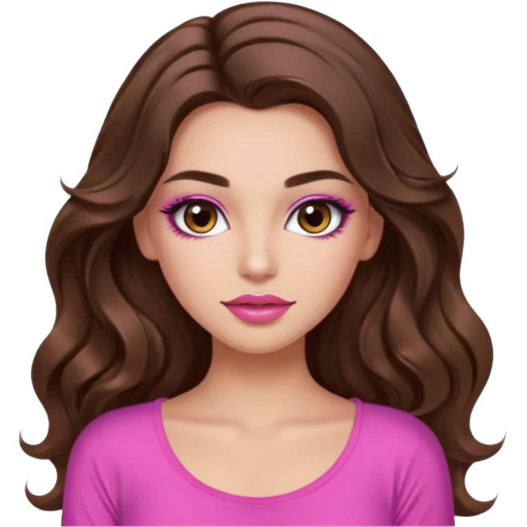 girl with long wavy brown hair, brown eyes, long lashes makeup, sexy pink lips, light to medium complexion, wearing a pink sexy top, no emoji