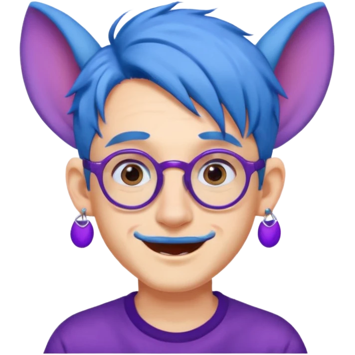 blue haired man mid length hair with big ears and purple earrings and spectaclesi happy emoji
