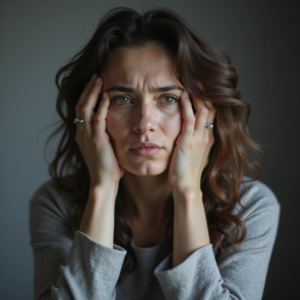 woman with hands in hair, stressed and nervous expression, hyperrealism 4K, variation 4 emoji