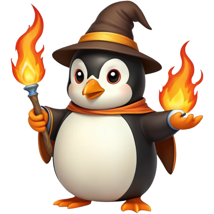 penguin wizard casting a fire spell with flames emoji