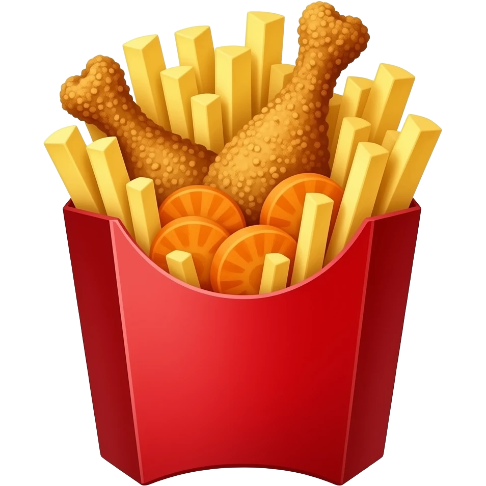 papas A LA FRANCESA en una caja roja con pedacitos de pollo frito, y zanahoria cortadas redondas, todo dentro de las papas. SIN LOGOS. LA CAJA SOLOR ROJA emoji