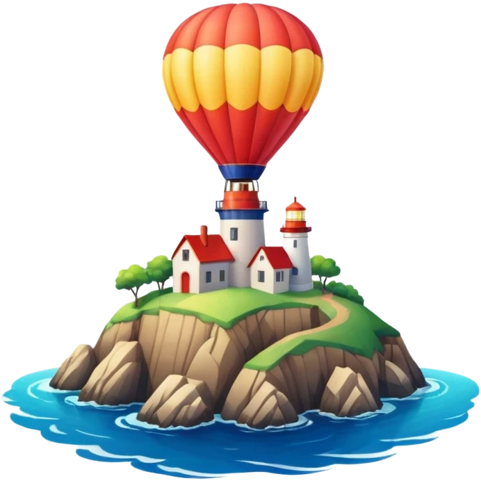 Hot air balloon above a scenic ocean with a lighthouse emoji