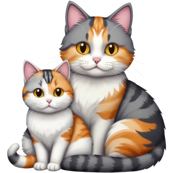 full body colourful light patched calico + white tabby cat cuddling a bigger cat that is dark grey and white tabby cat  emoji
