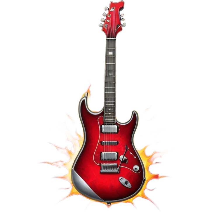 Create a fierce and edgy emoji representing hardcore rock vocal performance in a humanless collage. The design should feature a vintage microphone at the center, Add crossed drumsticks behind the microphone to symbolize the rhythm and power of the drums. surrounded by a menacing, distorted electric guitar with sharp, aggressive angles. Include subtle elements like lightning bolts, flames, or jagged sound waves to evoke the raw energy and intensity of hardcore rock. Use dark, intense colors like black, red, and silver, with a metallic, gritty finish to convey the rebellious, aggressive spirit of the genre. The background should be transparent. emoji