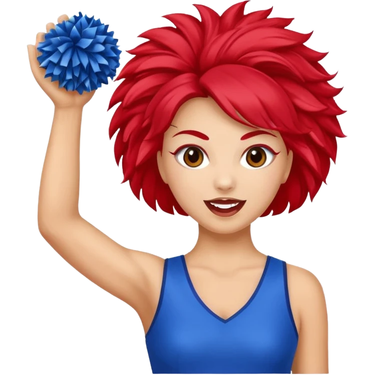 football cheerleader, holding a cheering pom, blue dress and red skin emoji