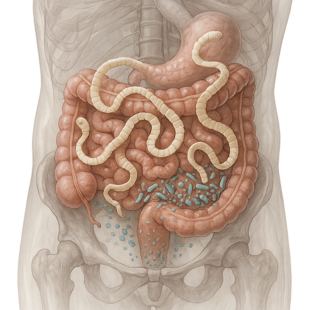 realistic transparent abdomen showing tapeworms and blastocystis in direct competition, disrupted nutrient and microbiome flow, medical illustration emoji