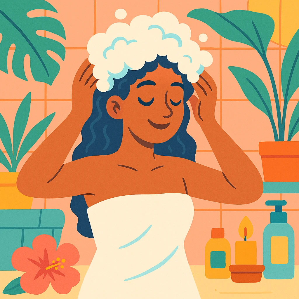 woman with shampoo foam in hair, relaxed, spa-like atmosphere, soft pastel colors, vibrant colors emoji
