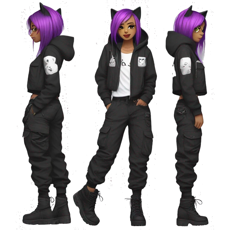 Edgy beautiful pretty anime punk tomboy with cat ears techwear cargo pants hoodie emoji